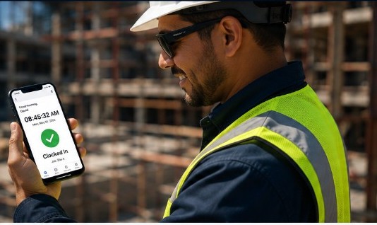 Field contractor clocking in on a phone with the ROJAX mobile app